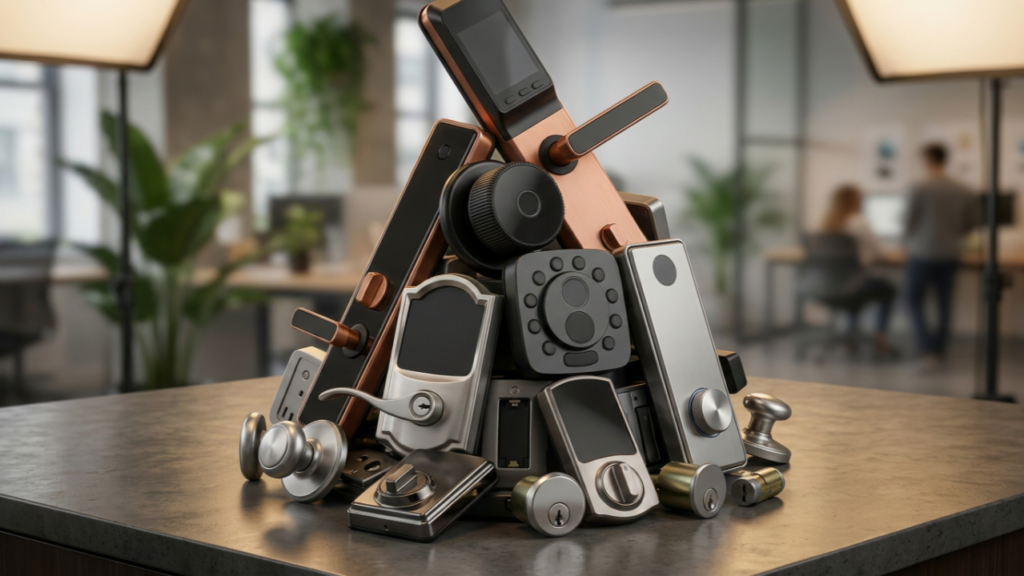 Many different smarlocks pile onto a table